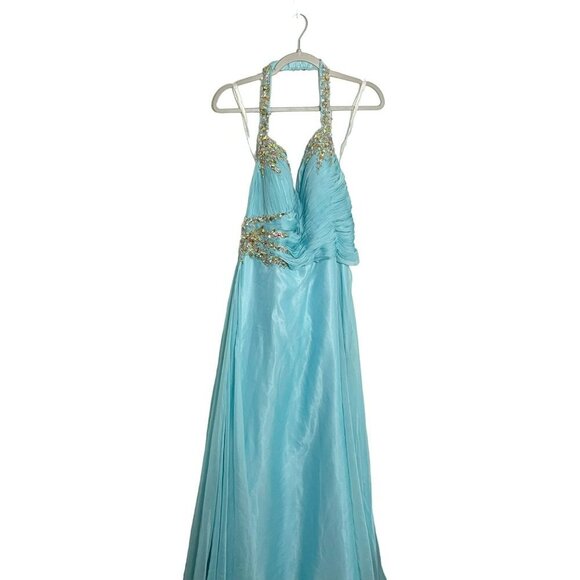 Mac Duggal Fabulouss Halter Dress Ball Gown 81609f Size 16 Blue Rhinestone - Picture 2 of 9